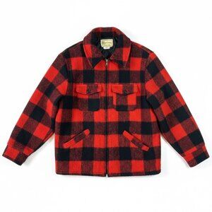 Vintage Melton Buffalo Plaid Wool Jacket Red Black Zip Hunting Coat Men’s L
